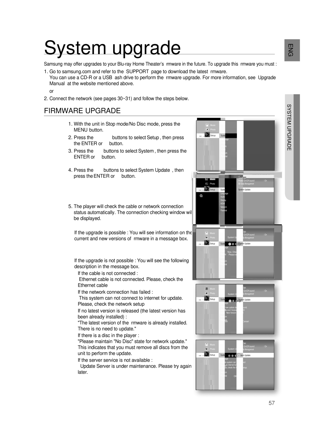 Samsung HT-BD1250 user manual System upgrade, Firmware Upgrade 