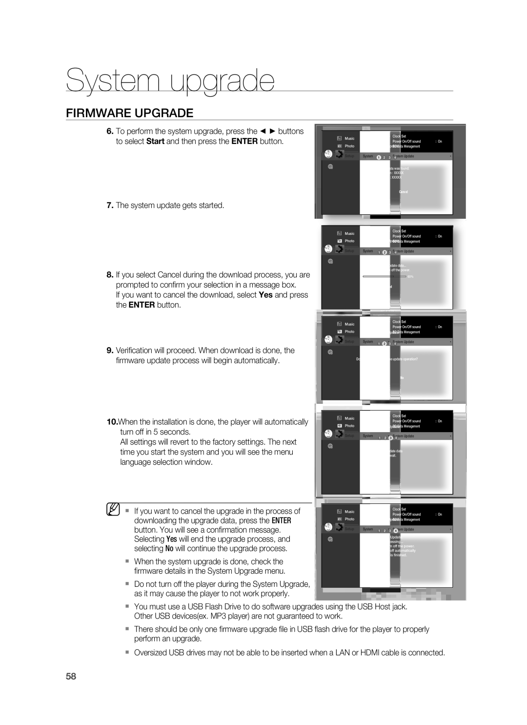 Samsung HT-BD1250  If you want to cancel the upgrade in the process, Downloading the upgrade data, press the Enter 