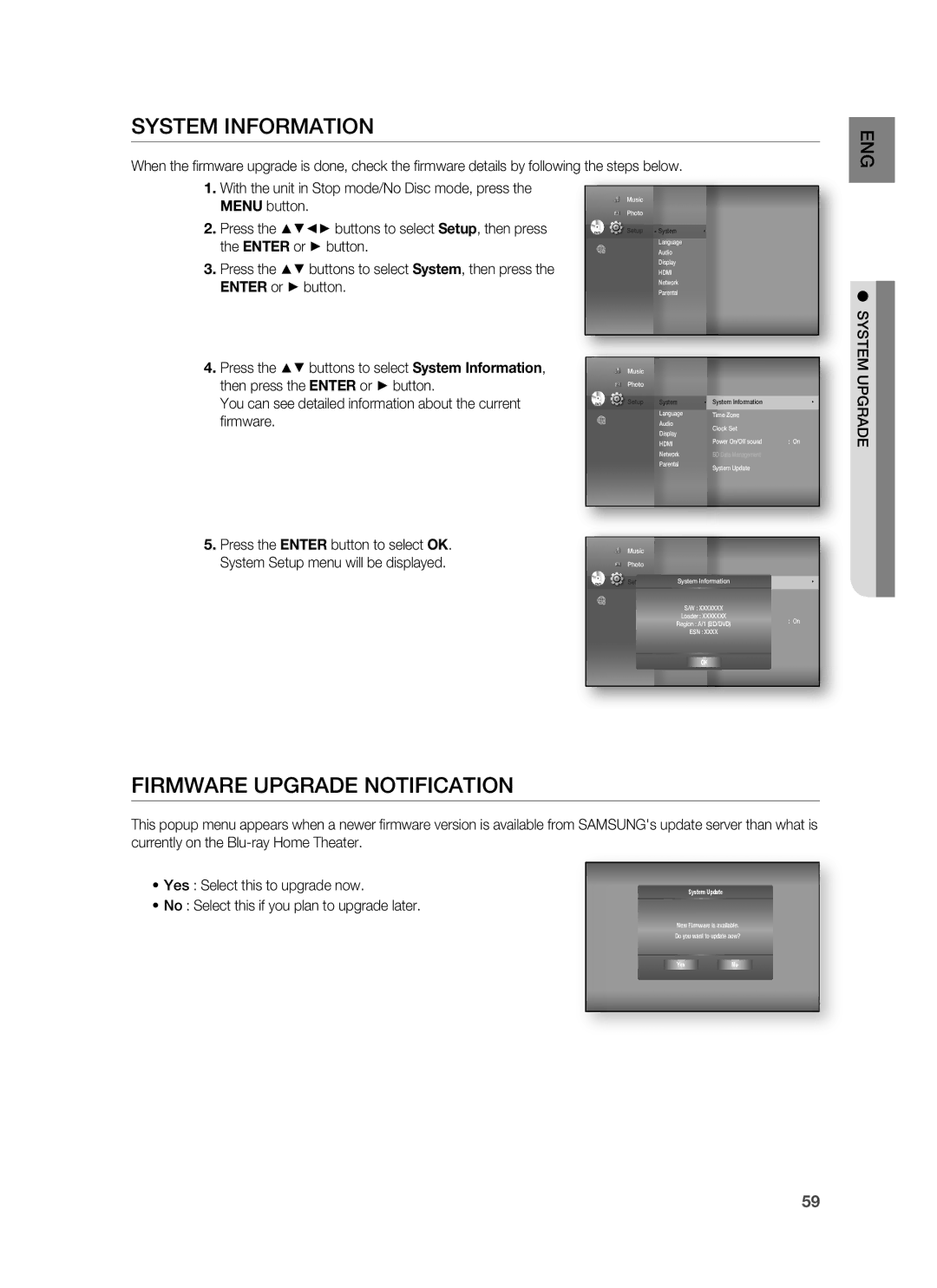 Samsung HT-BD1250 user manual System Information, Firmware Upgrade Notification 