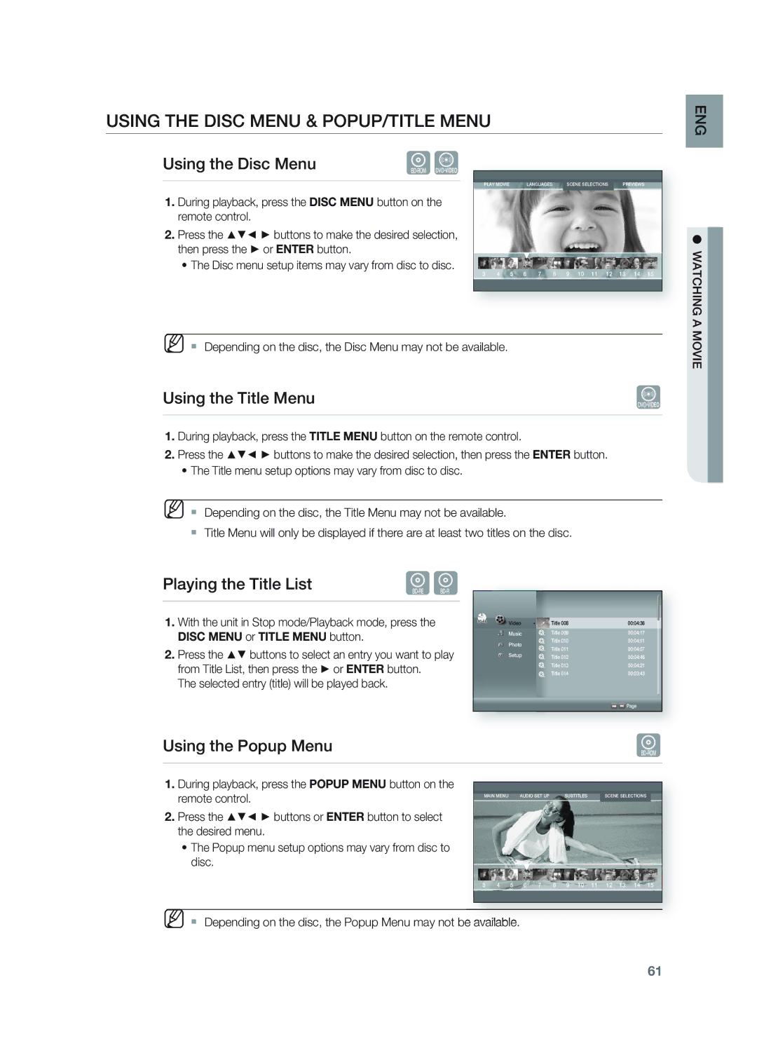 Samsung HT-BD1250 user manual Using the Disc Menu & POPUP/TITLE Menu 