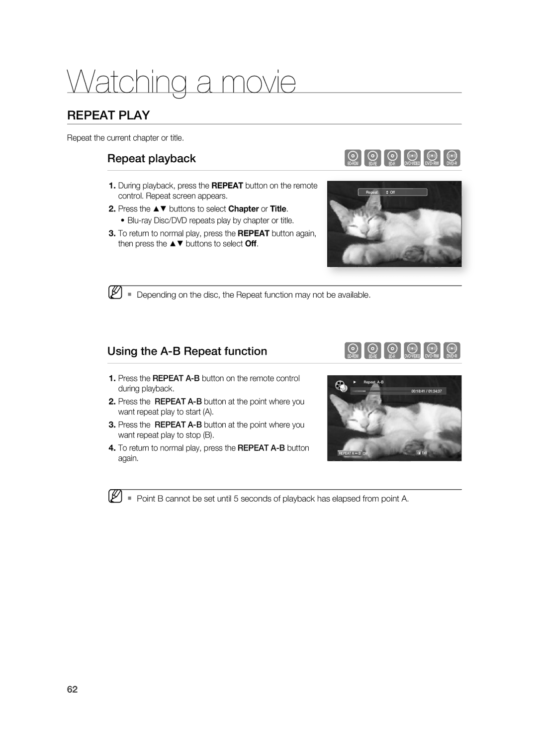 Samsung HT-BD1250 Repeat Play, Repeat playback, Using the A-B Repeat function, Repeat the current chapter or title 