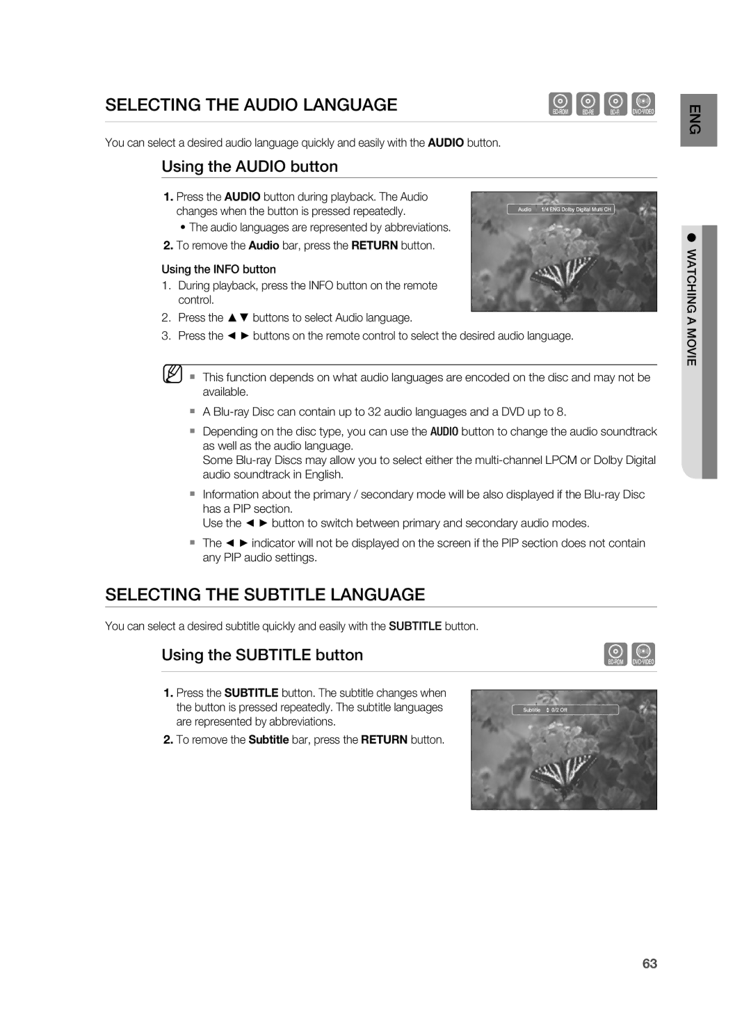 Samsung HT-BD1250 user manual Selecting the Audio Language, Selecting the Subtitle Language, Using the Audio button 