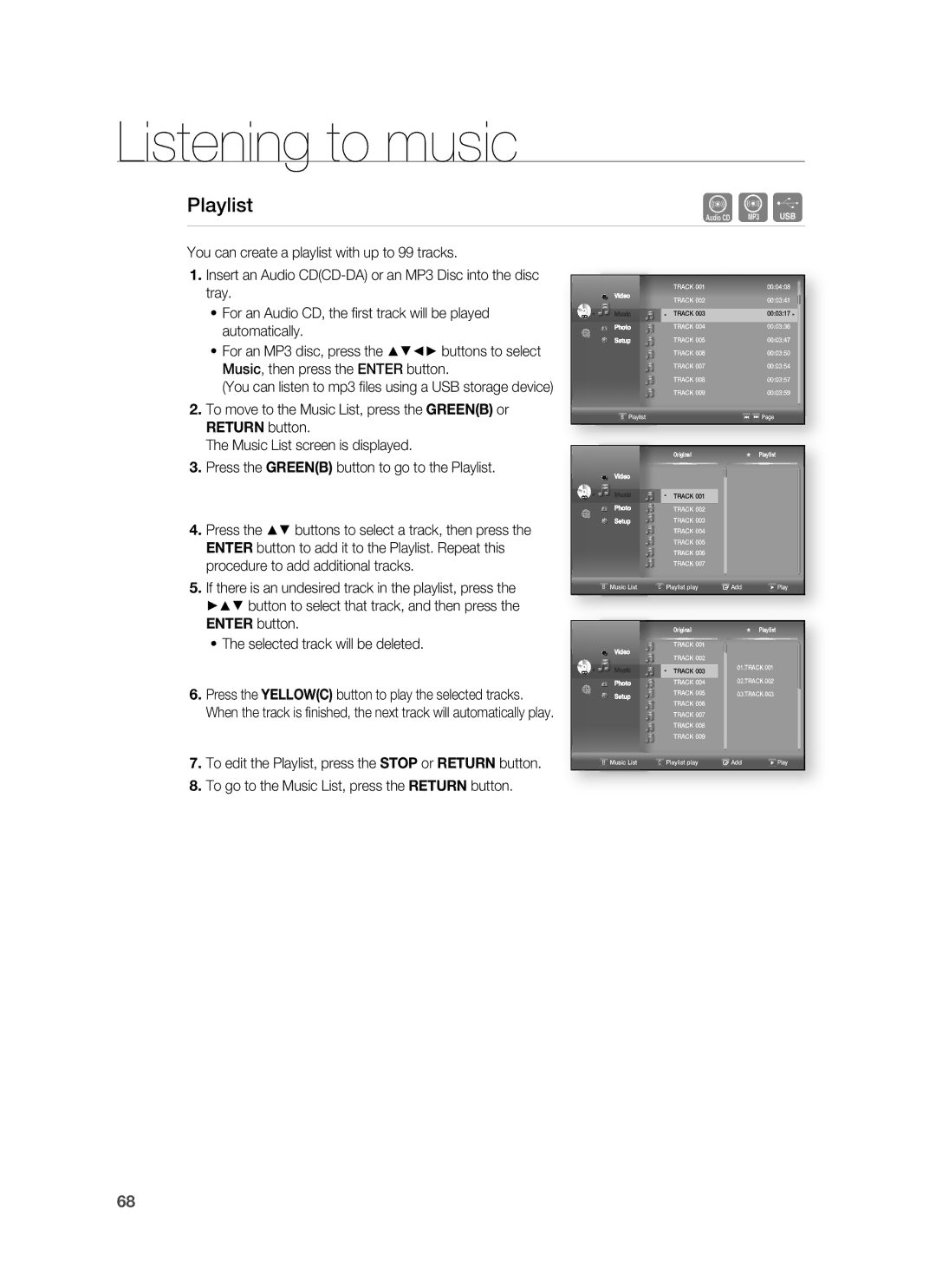 Samsung HT-BD1250 user manual Playlist, To go to the Music List, press the Return button 