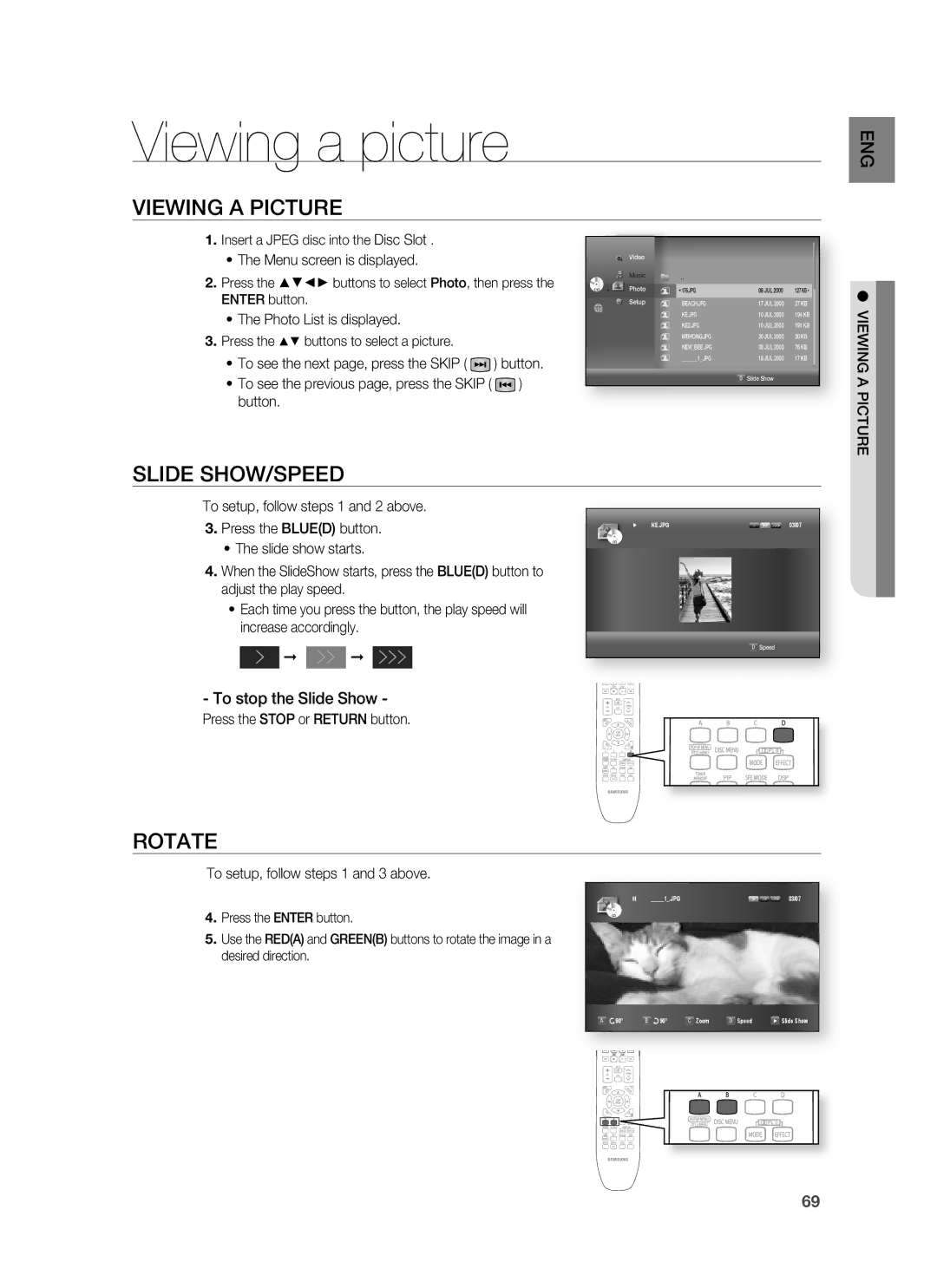 Samsung HT-BD1250 user manual Viewing a picture, Viewing a Picture, Slide SHOW/SPEED, Rotate, To stop the Slide Show 