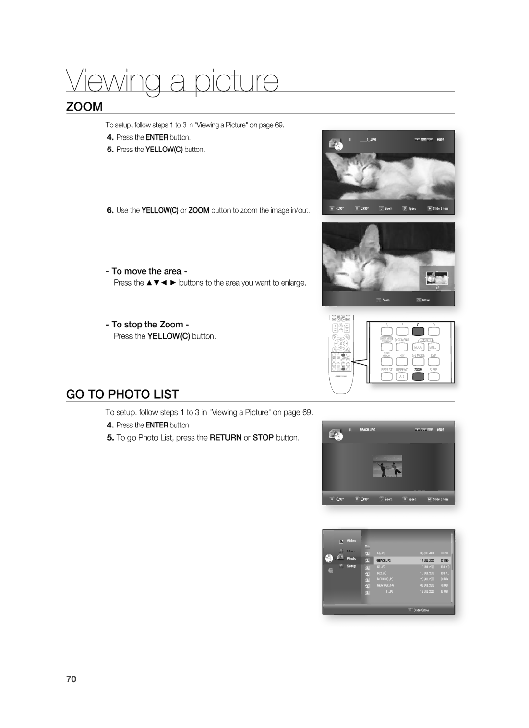 Samsung HT-BD1250 user manual GO to Photo List, To move the area, To stop the Zoom 