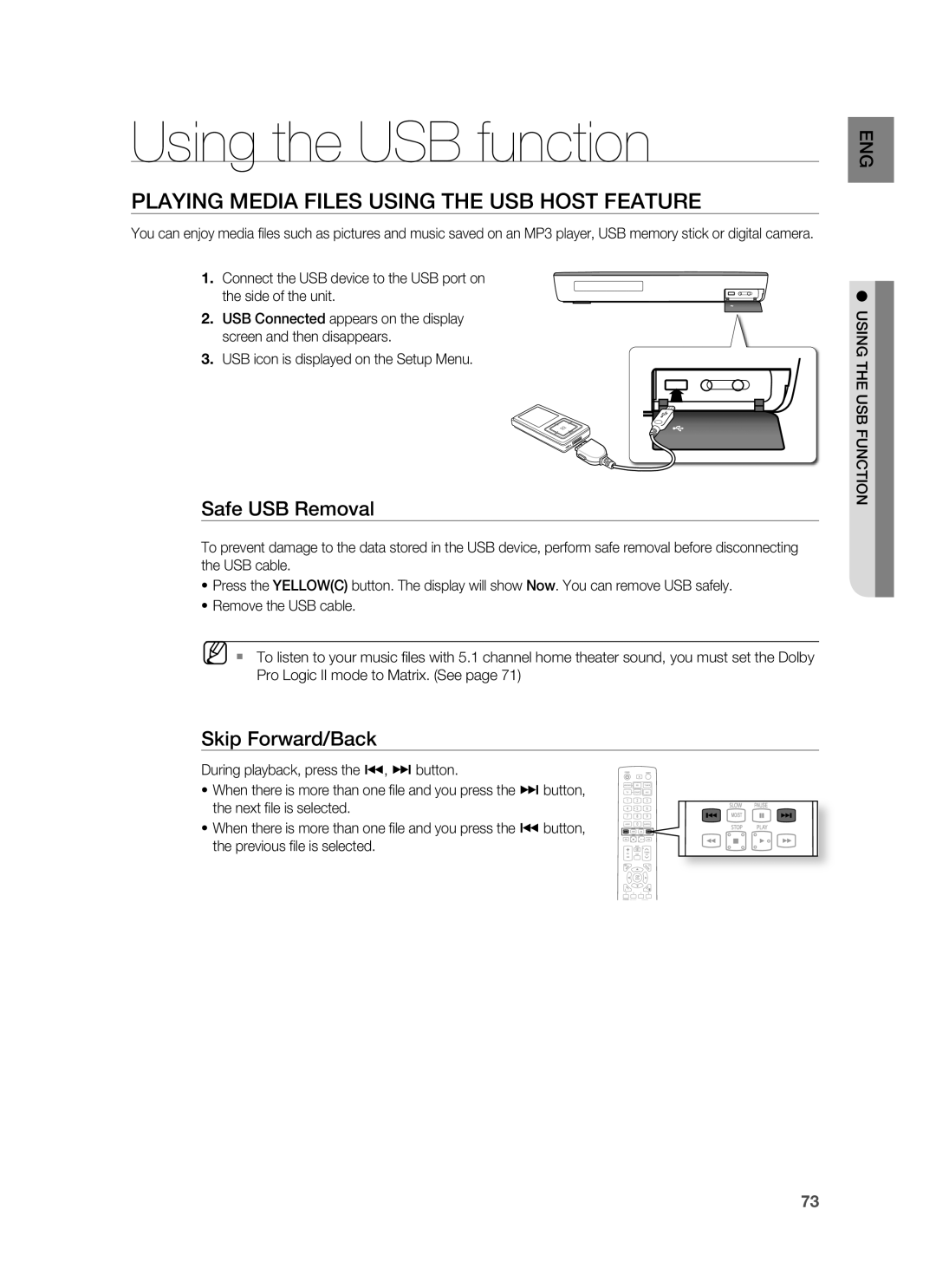 Samsung HT-BD1250 user manual Using the USB function, Playing Media Files Using the USB Host Feature, Safe USB Removal 