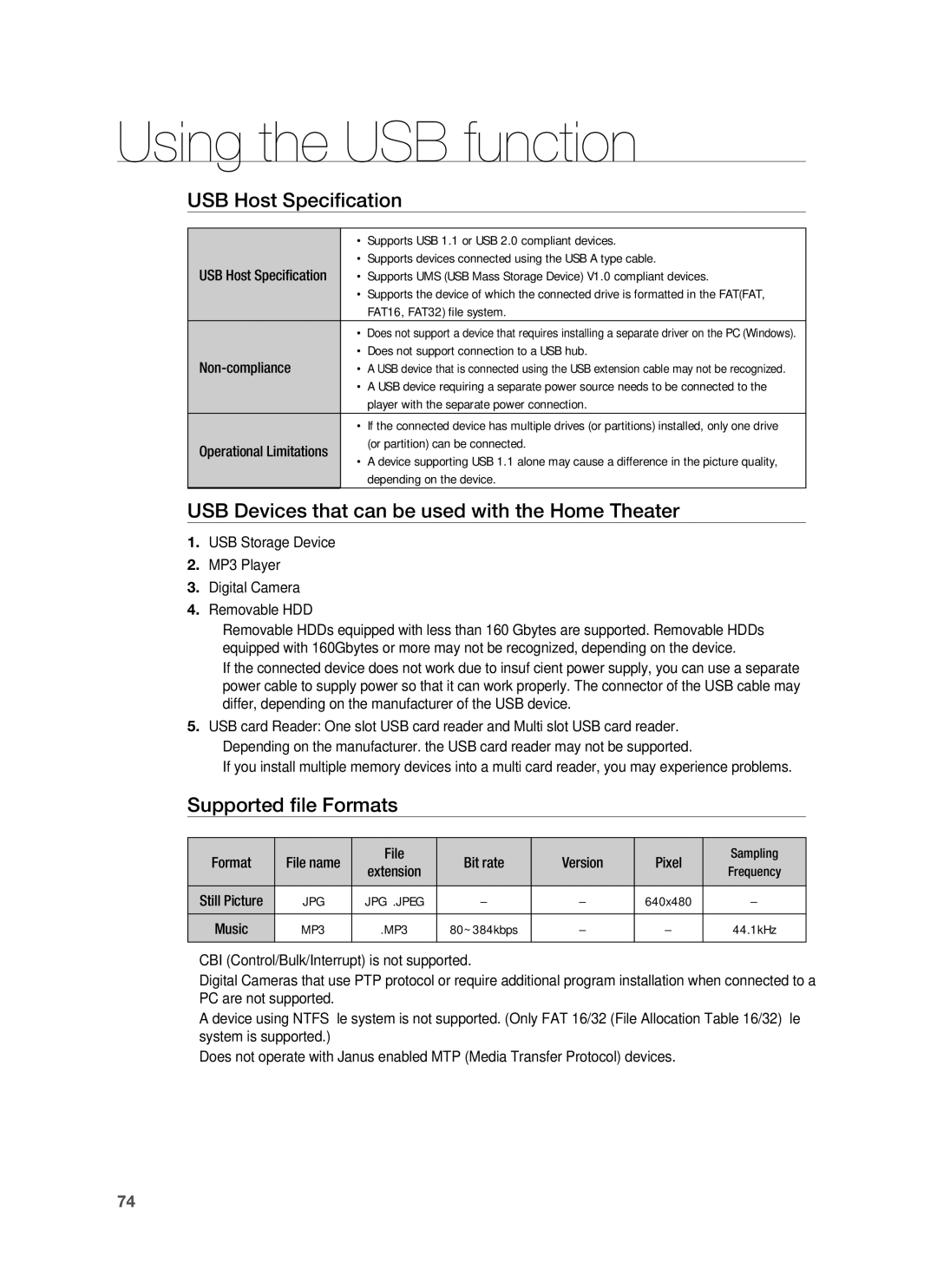 Samsung HT-BD1250 USB Host Speciﬁcation, USB Devices that can be used with the Home Theater, Supported ﬁle Formats 