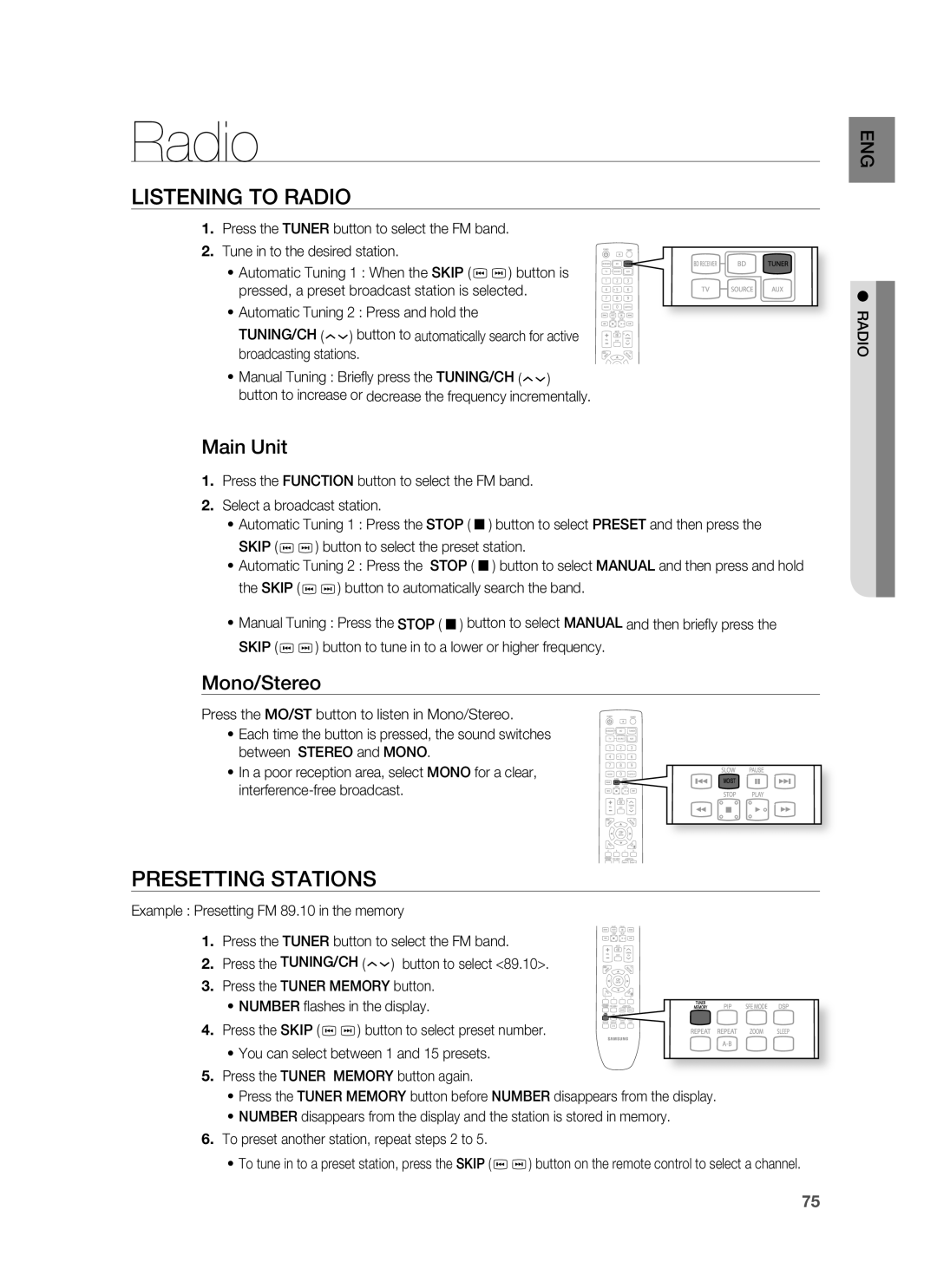 Samsung HT-BD1250 user manual Listening to Radio, Presetting Stations, Main Unit, Mono/Stereo 