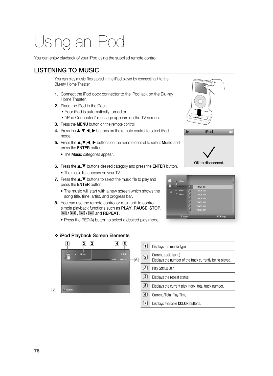 Samsung HT-BD1250 user manual Using an iPod, Listening to Music, IPod Playback Screen Elements 