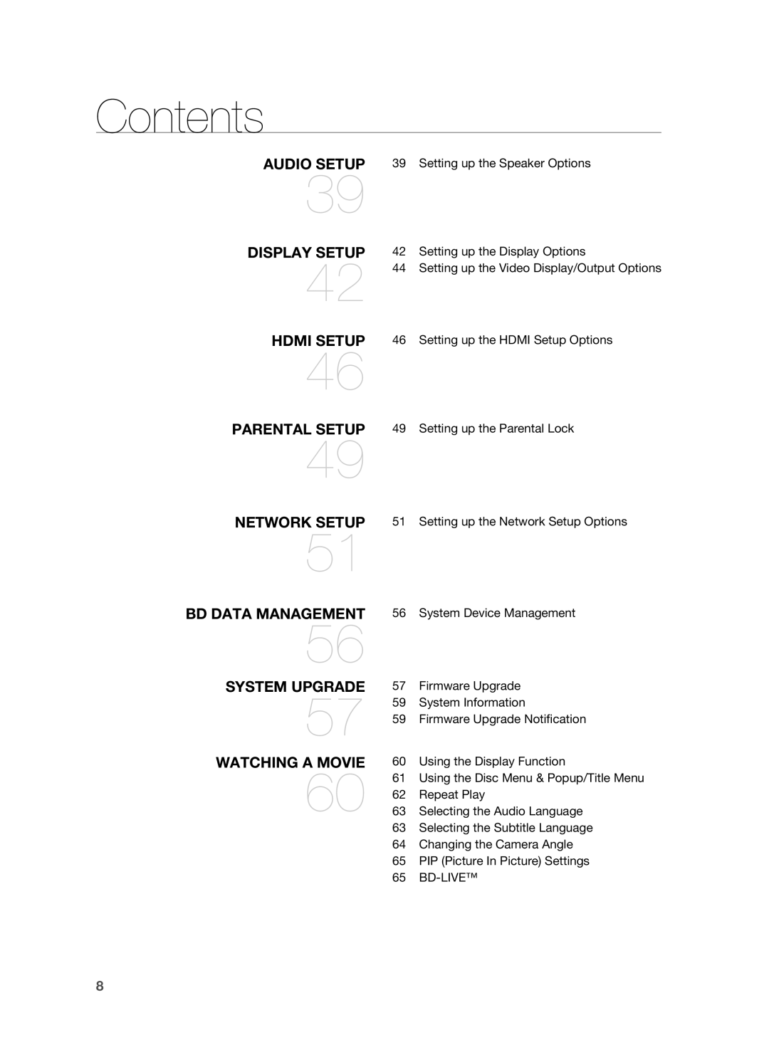 Samsung HT-BD1250 user manual Audio Setup 39 Setting up the Speaker Options, Bd-Live 