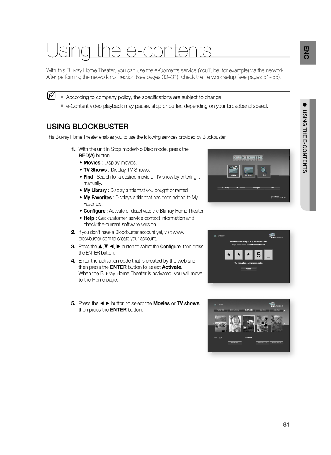 Samsung HT-BD1250 user manual Using the e-contents 