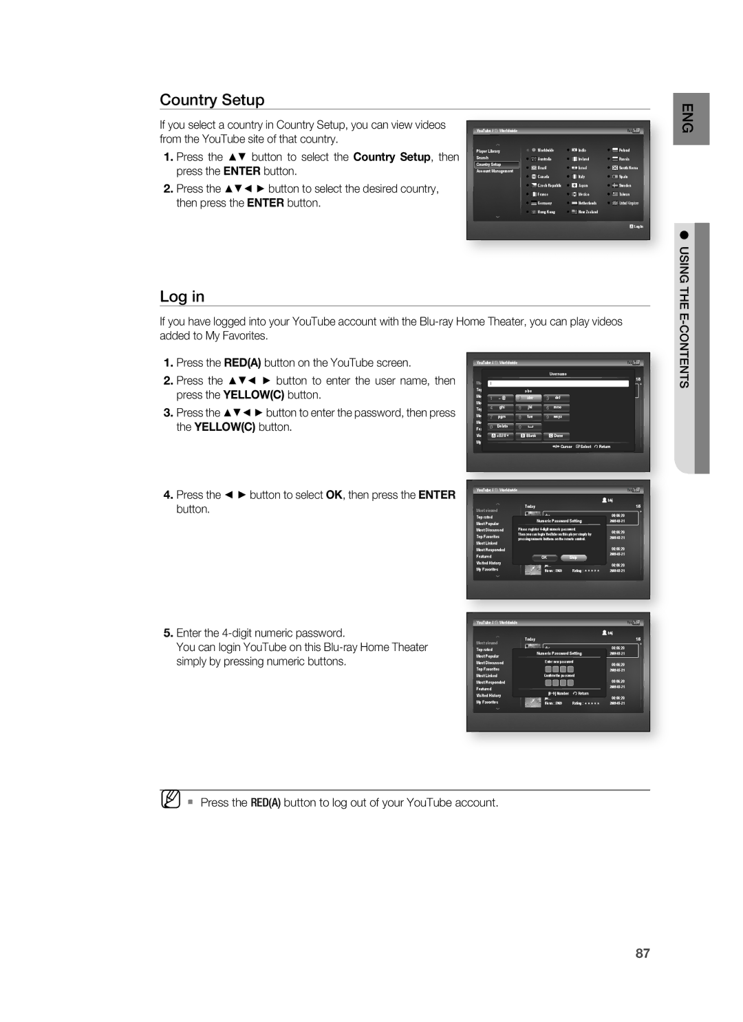 Samsung HT-BD1250 user manual Country Setup, Log,  Press the Reda button to log out of your YouTube account 