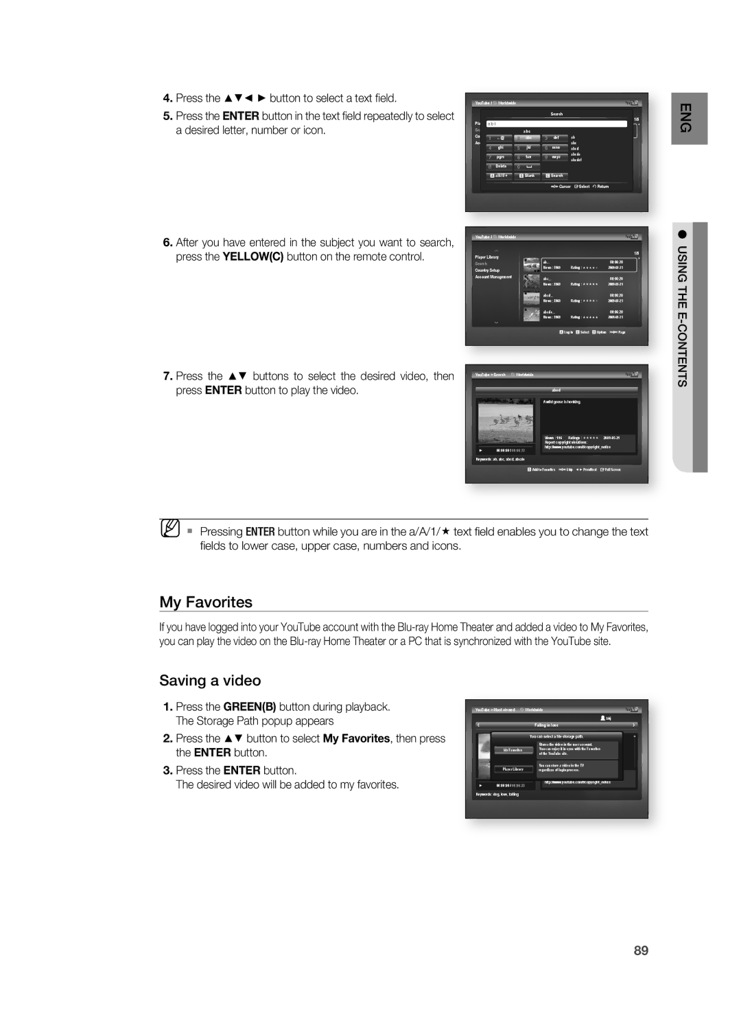 Samsung HT-BD1250 user manual My Favorites, Saving a video 