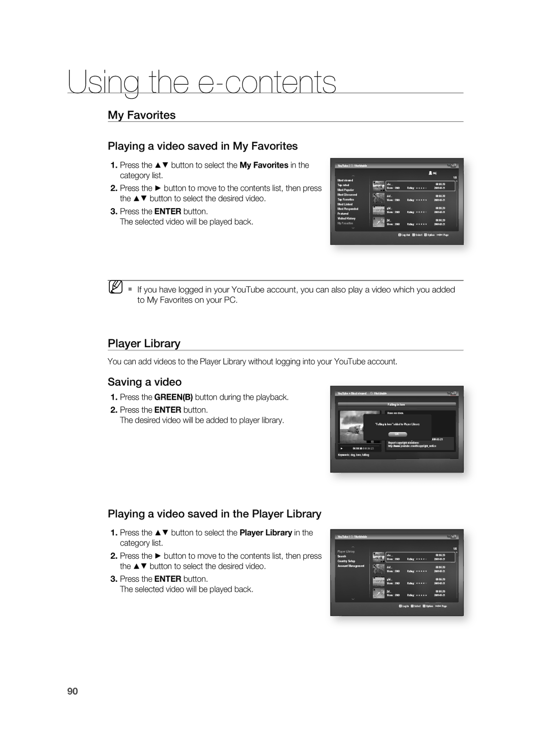 Samsung HT-BD1250 user manual Player Library, Playing a video saved in My Favorites 