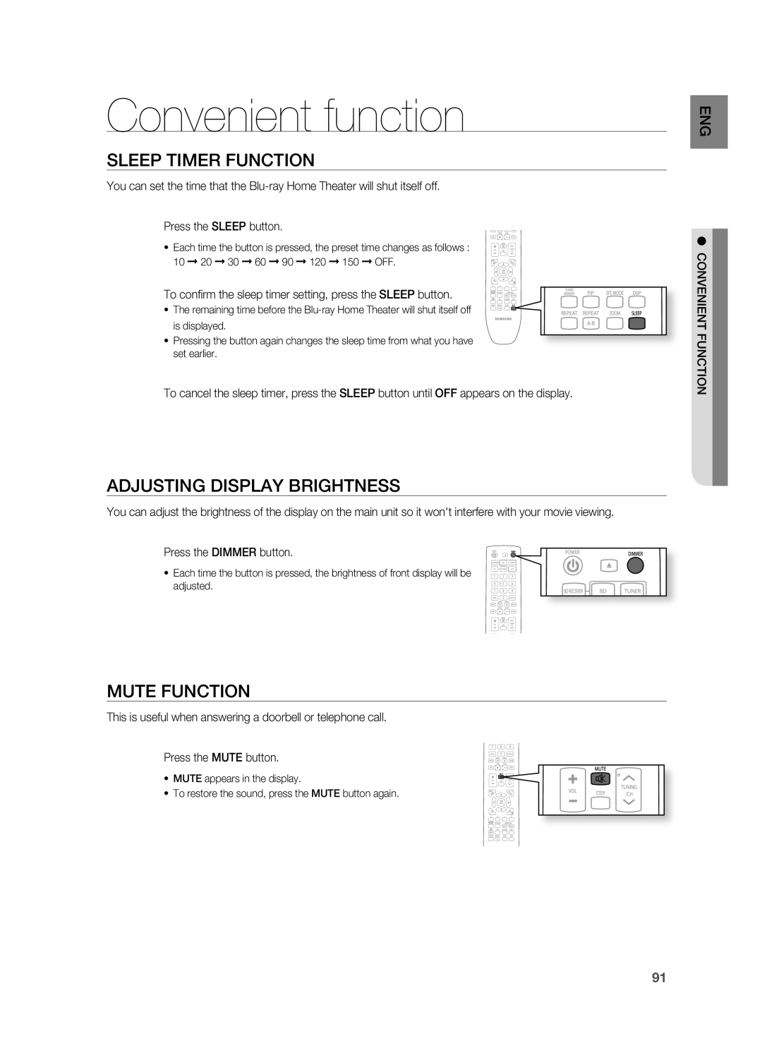 Samsung HT-BD1250 user manual Convenient function, Sleep Timer Function, Adjusting Display Brightness, Mute Function 