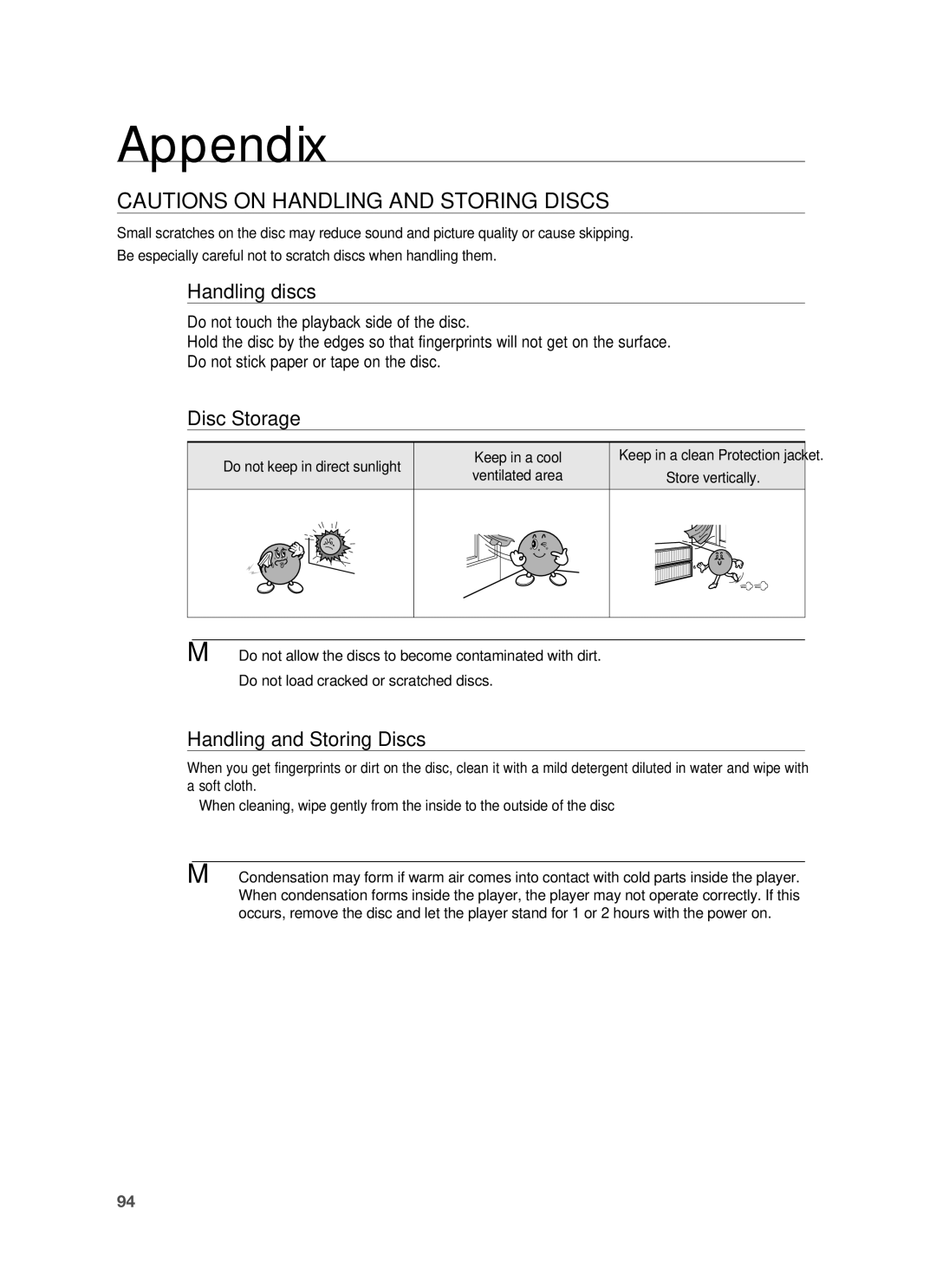 Samsung HT-BD1250 Appendix, Handling discs, Disc Storage, Handling and Storing Discs, Do not keep in direct sunlight 