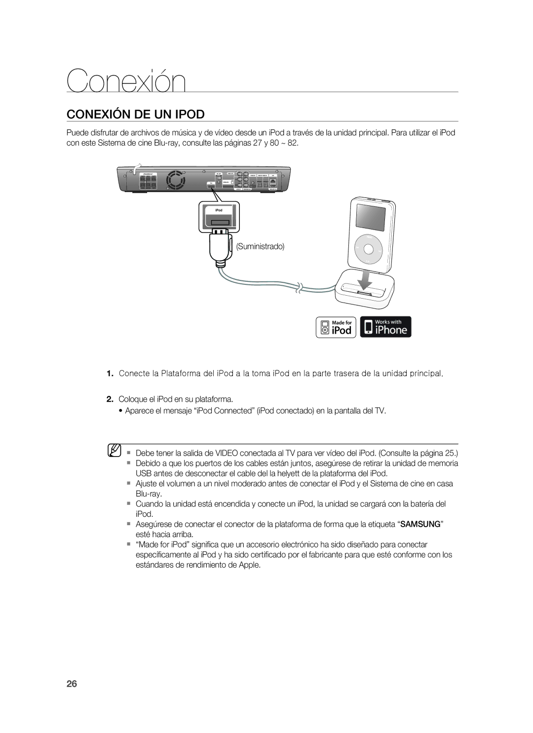 Samsung HT-BD1255R/XET, HT-BD1250R/XET, HT-BD1250R/EDC manual Conexión DE UN Ipod 