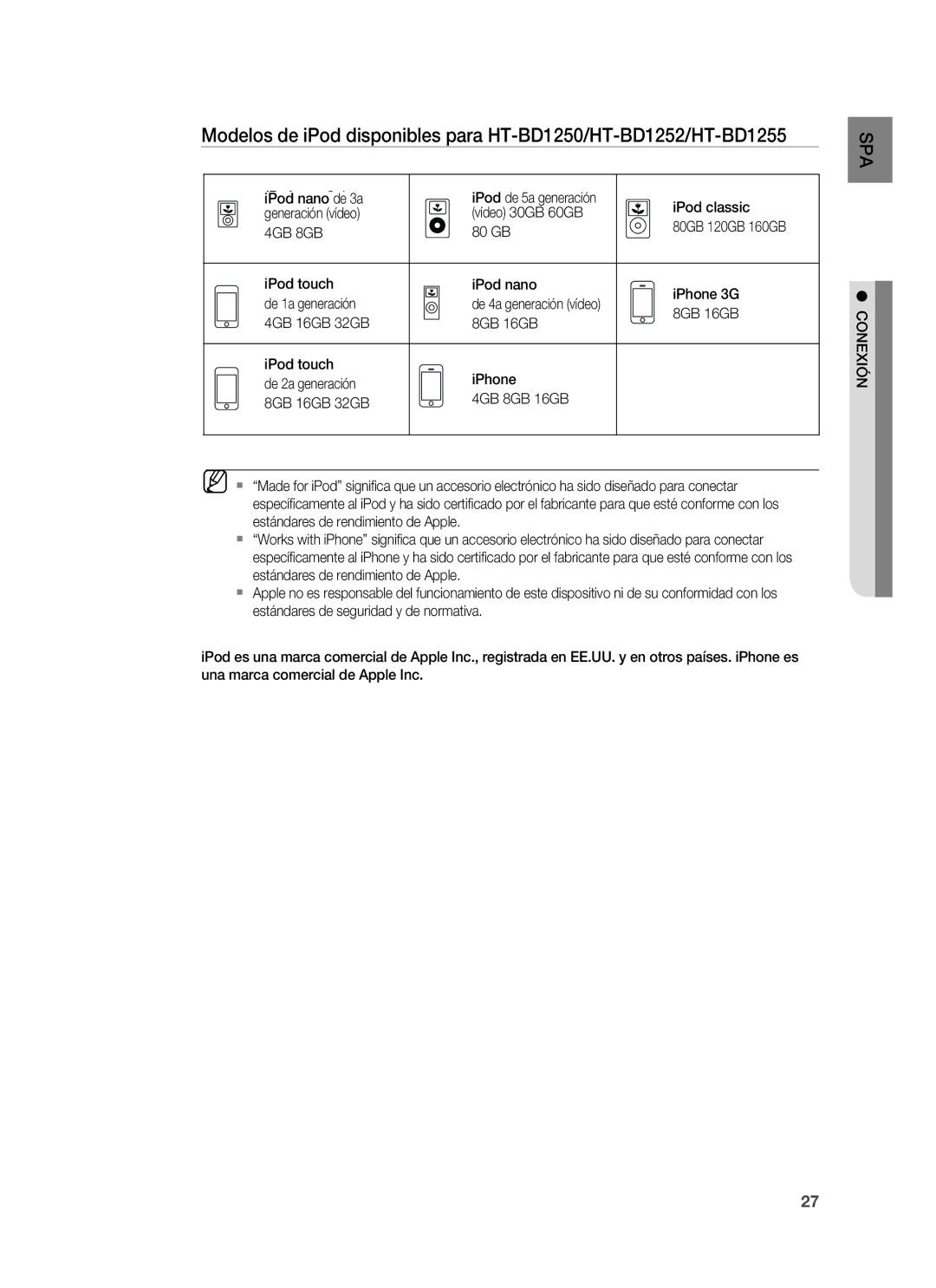 Samsung HT-BD1250R/XET, HT-BD1250R/EDC manual IPod nano de 3a, 4GB 8GB, GB IPod nano IPod touch IPhone 3G De 1a generación 