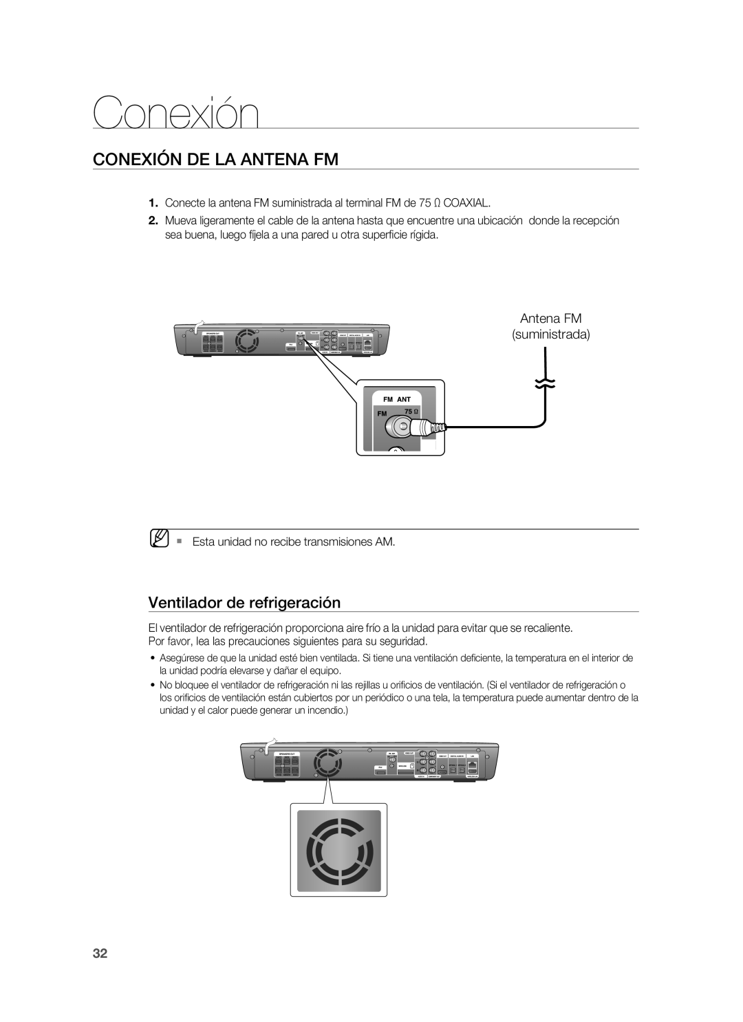 Samsung HT-BD1255R/XET, HT-BD1250R/XET manual Conexión DE LA Antena FM, Ventilador de refrigeración, Antena FM Suministrada 