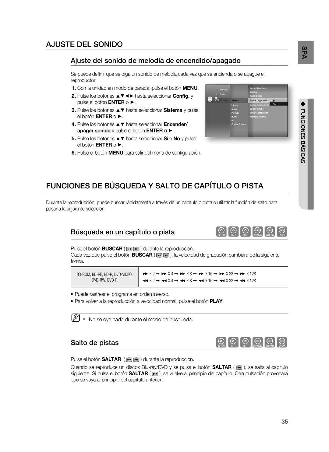 Samsung HT-BD1255R/XET manual Ajuste DEL Sonido, Funciones DE Búsqueda Y Salto DE Capítulo O Pista, Salto de pistas 