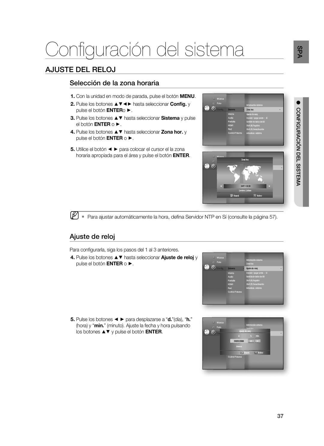 Samsung HT-BD1250R/EDC manual Conﬁguración del sistema, Ajuste DEL Reloj, Selección de la zona horaria, Ajuste de reloj 