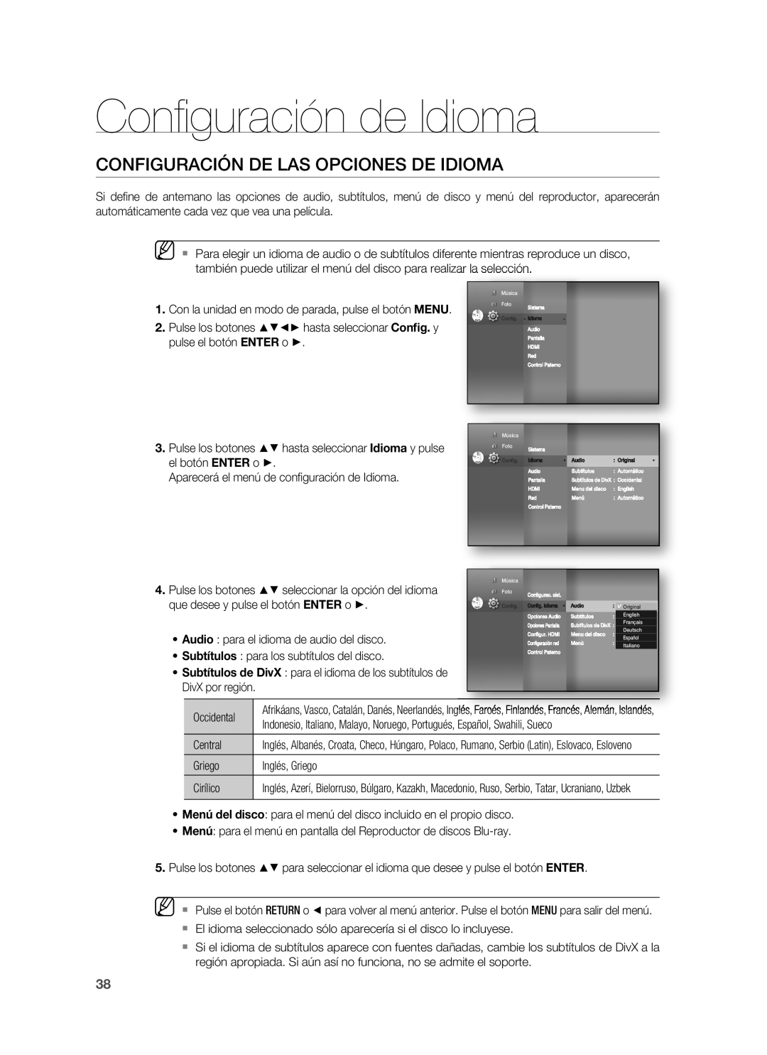 Samsung HT-BD1255R/XET manual Conﬁ guración de Idioma, Configuración DE LAS Opciones DE Idioma, Occidental, Central 