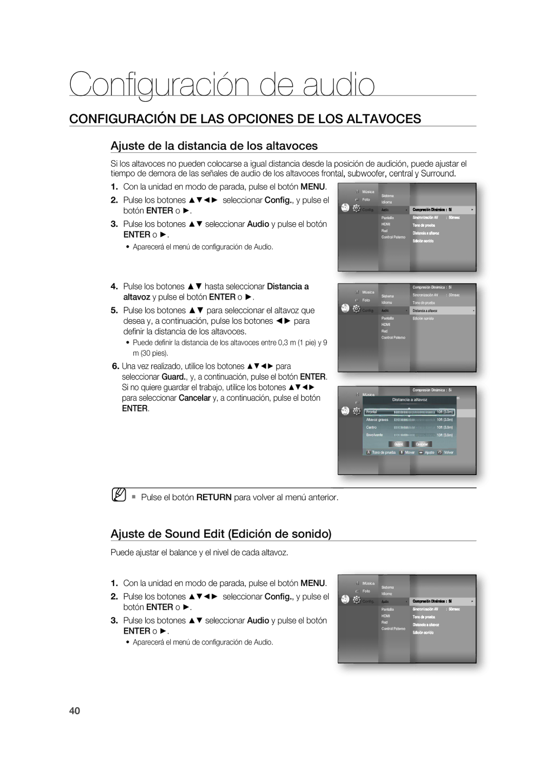 Samsung HT-BD1250R/EDC, HT-BD1250R/XET manual Conﬁ guración de audio, Configuración DE LAS Opciones DE LOS Altavoces, Enter 