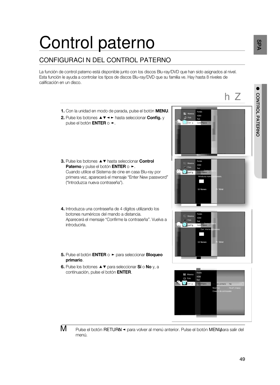 Samsung HT-BD1250R/EDC, HT-BD1250R/XET manual Control paterno, Configuración DEL Control Paterno, Pulse el botón Enter o 