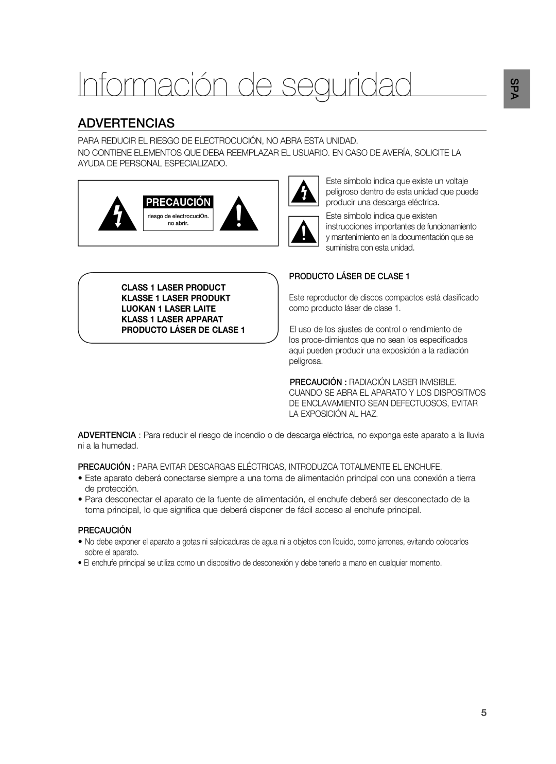 Samsung HT-BD1255R/XET, HT-BD1250R/XET manual Información de seguridad, Advertencias, Producto Láser DE Clase, Precaución 