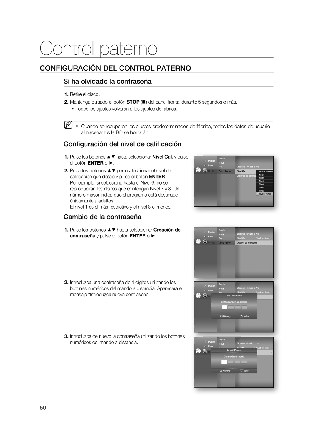 Samsung HT-BD1255R/XET manual Si ha olvidado la contraseña, Conﬁguración del nivel de caliﬁcación, Cambio de la contraseña 