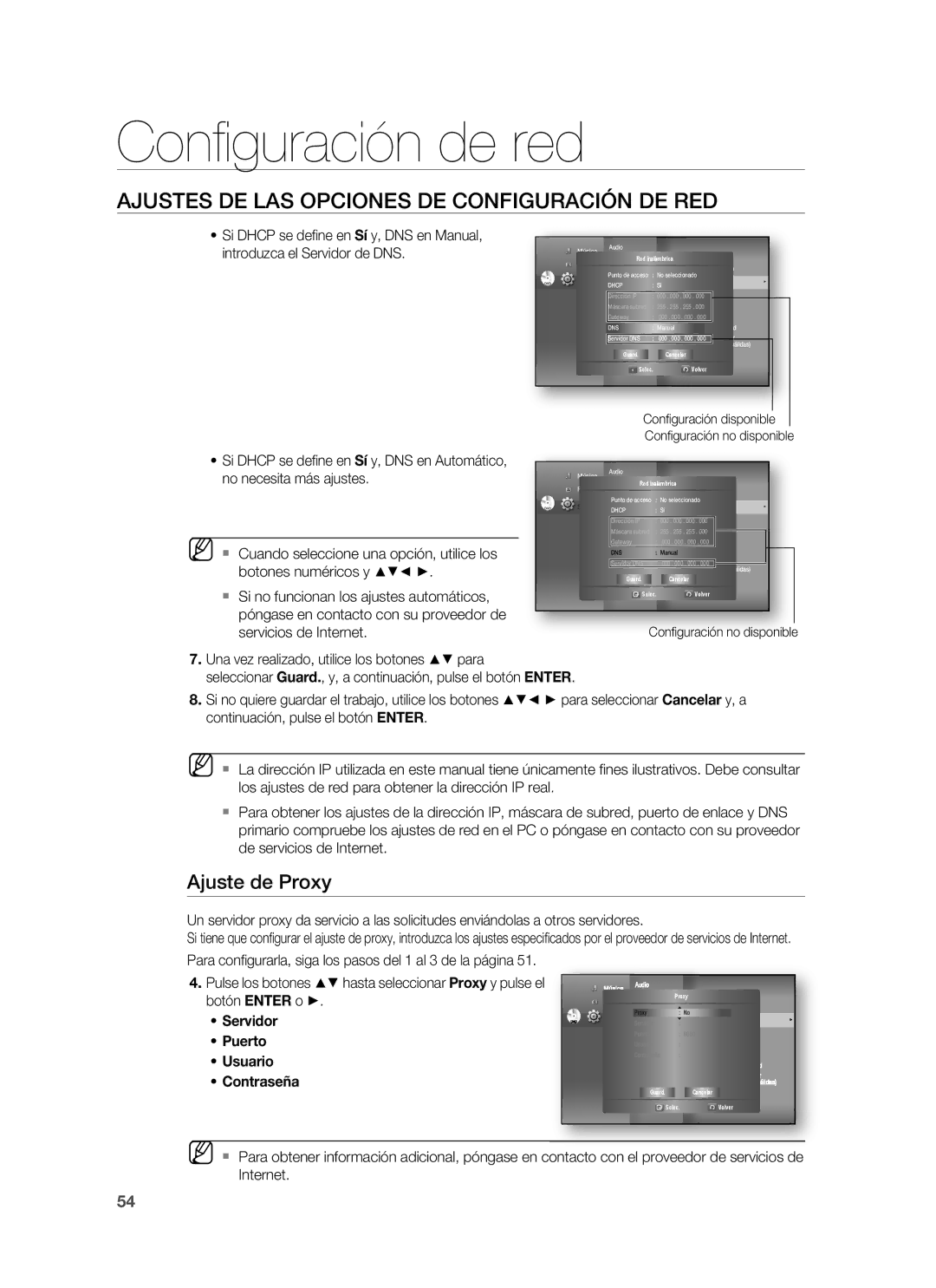 Samsung HT-BD1250R/XET manual Ajuste de Proxy, No necesita más ajustes,  Cuando seleccione una opción, utilice los 