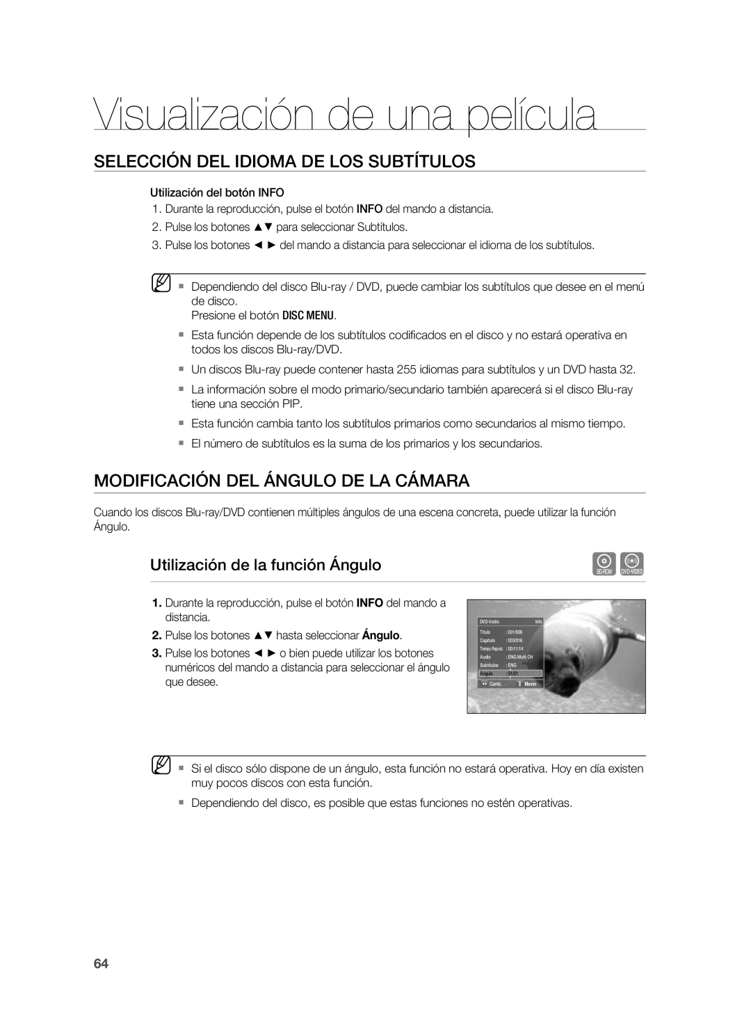 Samsung HT-BD1250R/EDC, HT-BD1250R/XET manual Modificación DEL Ángulo DE LA Cámara, Utilización de la función Ángulo 