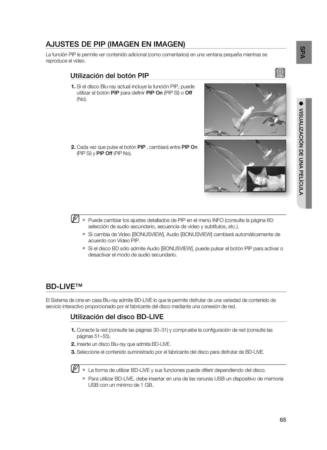 Samsung HT-BD1255R/XET Ajustes DE PIP Imagen EN Imagen, Bd-Live, Utilización del botón PIP, Utilización del disco BD-LIVE 