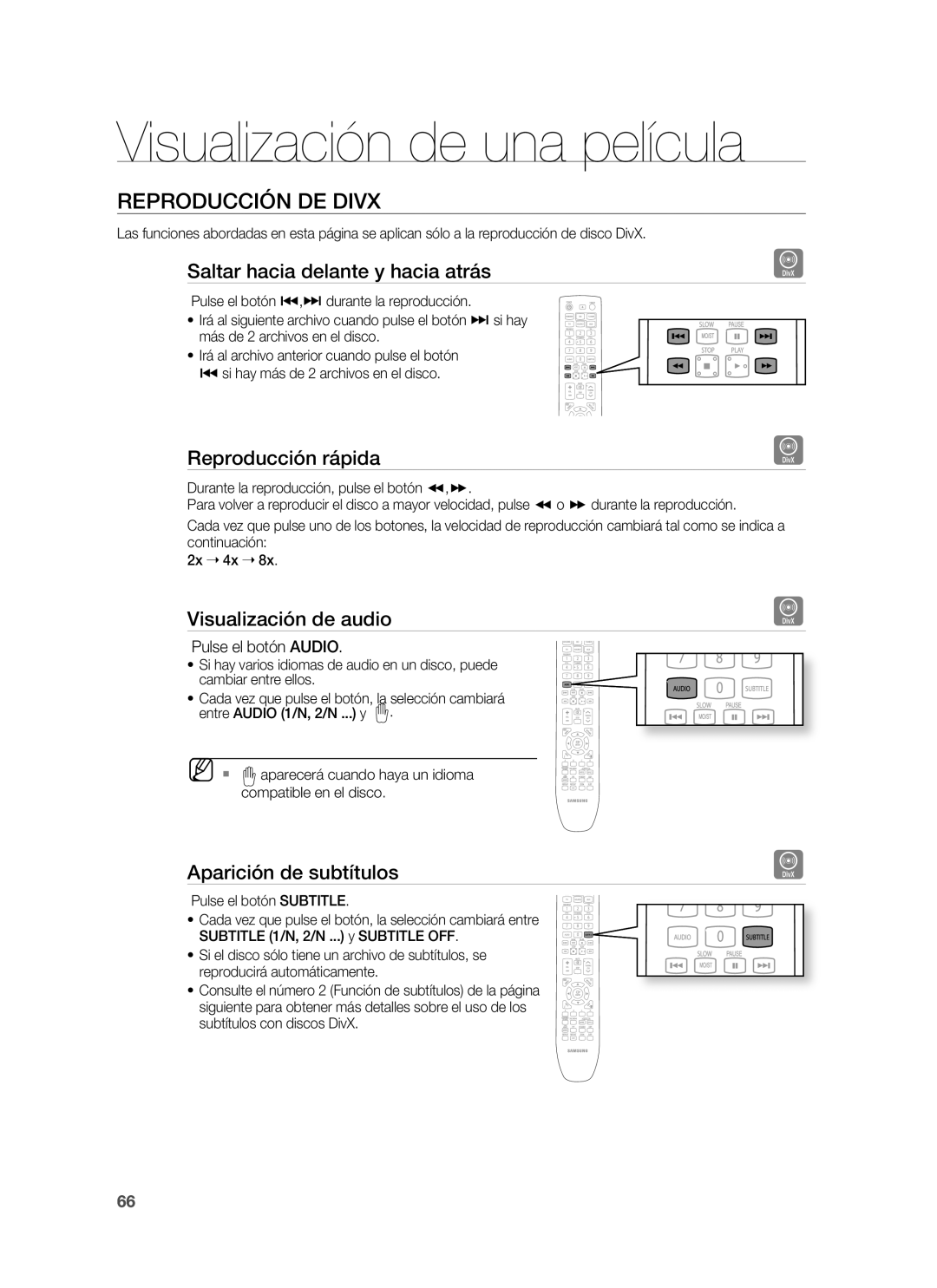 Samsung HT-BD1250R/XET, HT-BD1250R/EDC manual Reproducción DE Divx, Saltar hacia delante y hacia atrás, Reproducción rápida 