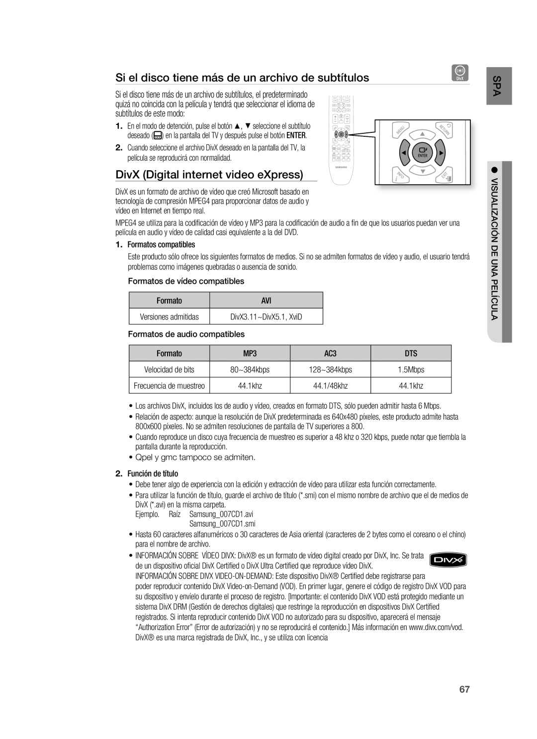 Samsung HT-BD1250R/EDC Si el disco tiene más de un archivo de subtítulos, DivX Digital internet video eXpress, Avi, Dts 