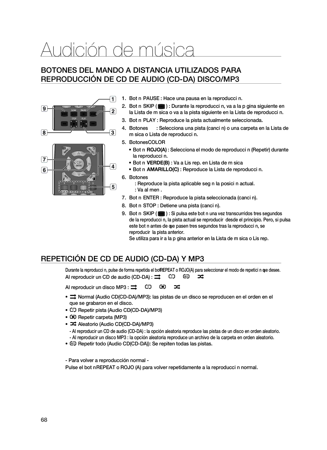 Samsung HT-BD1255R/XET, HT-BD1250R/XET, HT-BD1250R/EDC manual Audición de música, Repetición DE CD DE Audio CD-DA Y MP3 