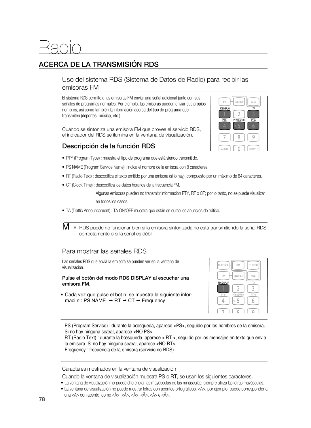 Samsung HT-BD1250R/XET manual Acerca DE LA Transmisión RDS, Descripción de la función RDS, Para mostrar las señales RDS 