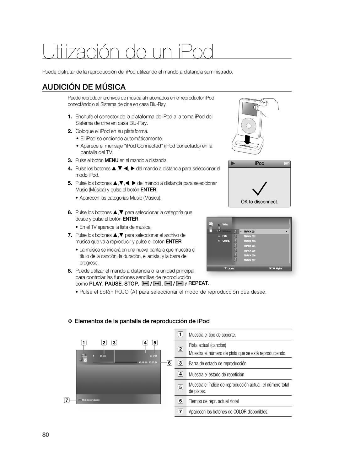 Samsung HT-BD1255R/XET manual Utilización de un iPod, Audición DE Música, Elementos de la pantalla de reproducción de iPod 