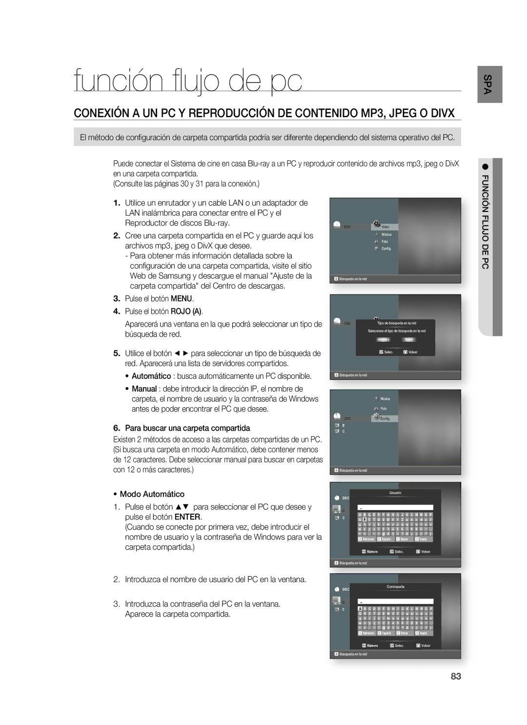 Samsung HT-BD1255R/XET, HT-BD1250R/XET, HT-BD1250R/EDC Función ﬂ ujo de pc, Para buscar una carpeta compartida, Flujo DE PC 