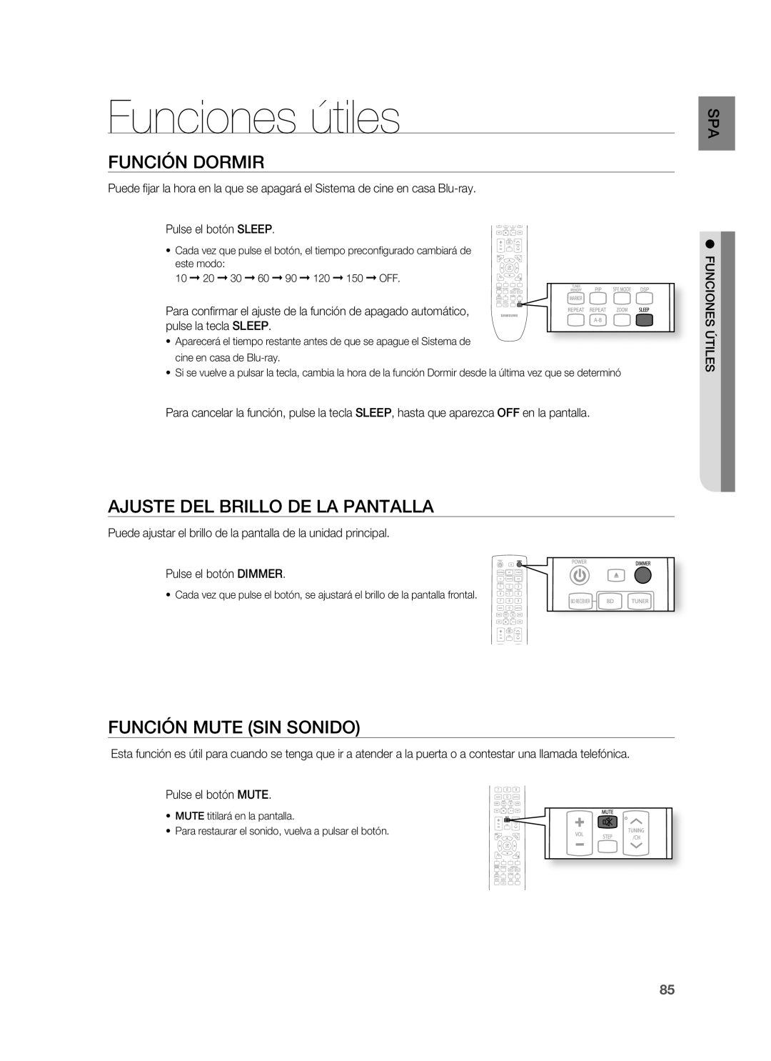 Samsung HT-BD1250R/EDC manual Funciones útiles, Función Dormir, Ajuste DEL Brillo DE LA Pantalla, Función Mute SIN Sonido 