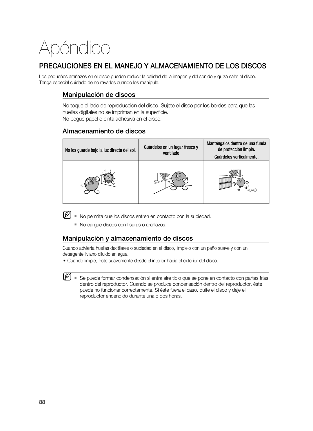 Samsung HT-BD1250R/EDC manual Apéndice, Precauciones EN EL Manejo Y Almacenamiento DE LOS Discos, Manipulación de discos 