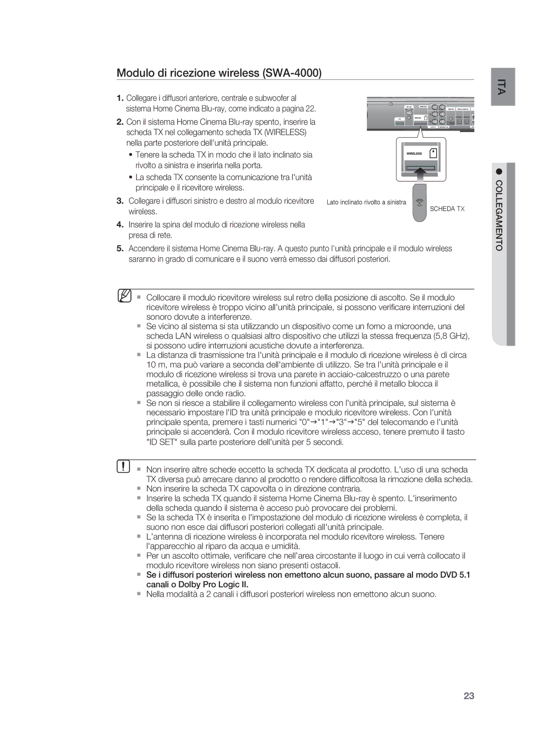 Samsung HT-BD1255R/XET, HT-BD1250R/XET manual Modulo di ricezione wireless SWA-4000, Wireless, Collegamento 