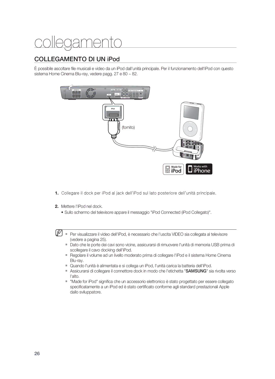 Samsung HT-BD1250R/XET, HT-BD1255R/XET manual Collegamento DI UN iPod 