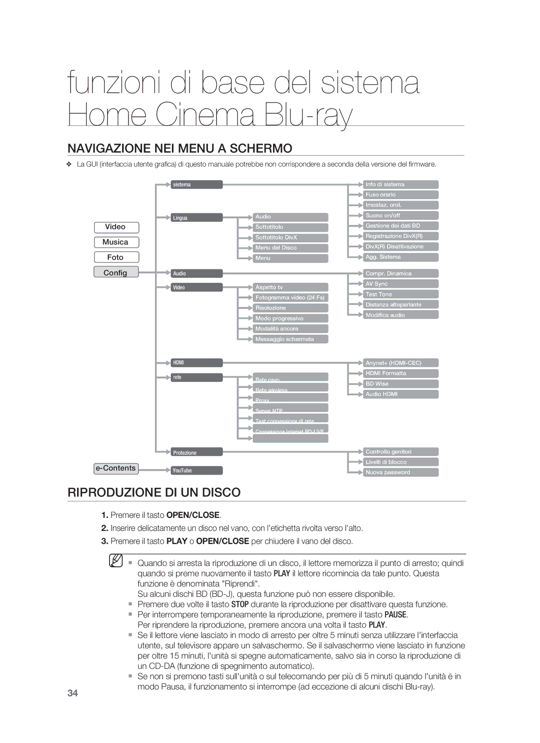 Samsung HT-BD1250R/XET, HT-BD1255R/XET manual Funzioni di base del sistema Home Cinema Blu-ray 