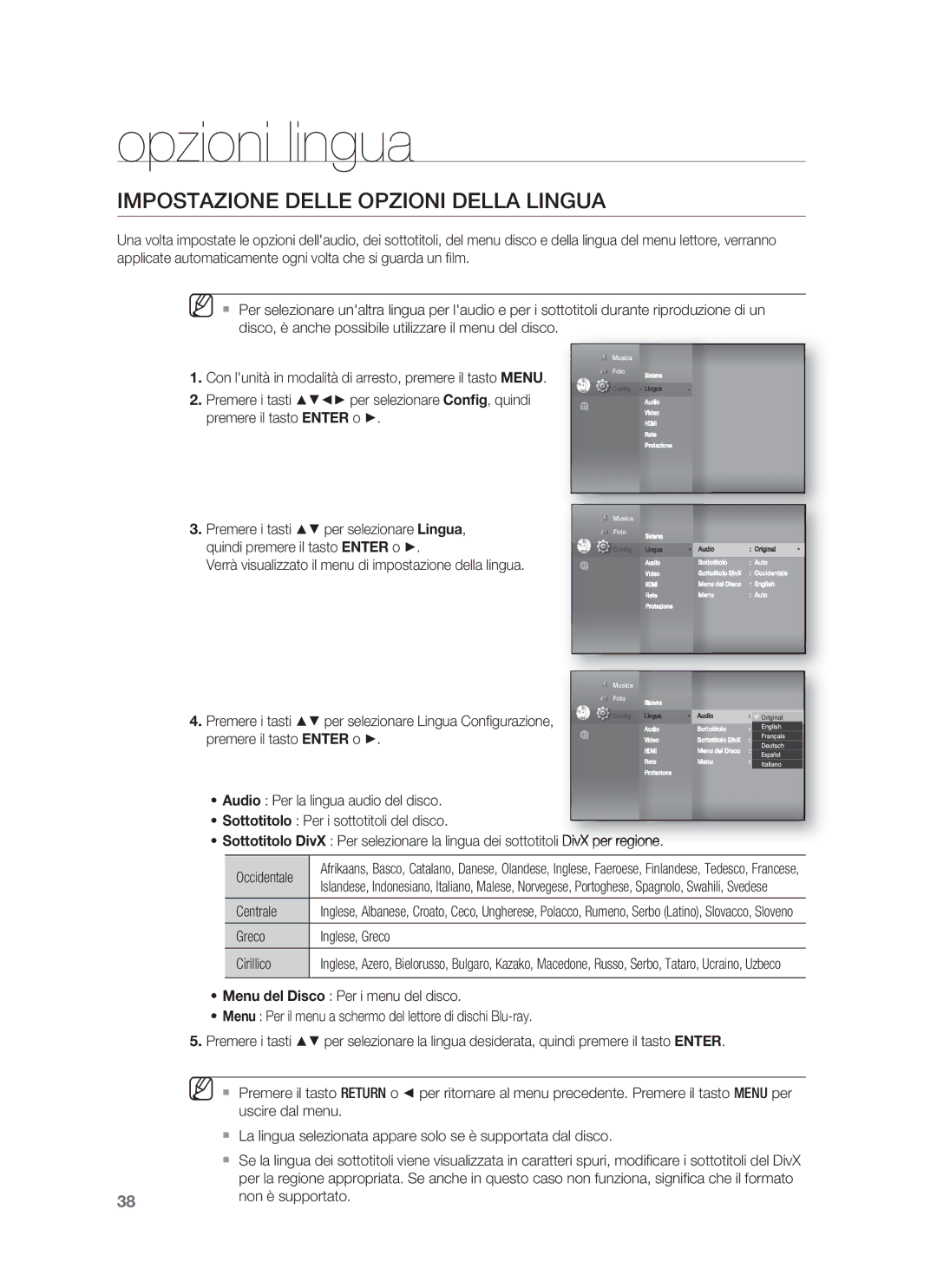 Samsung HT-BD1250R/XET, HT-BD1255R/XET manual Opzioni lingua, Impostazione Delle Opzioni Della Lingua 