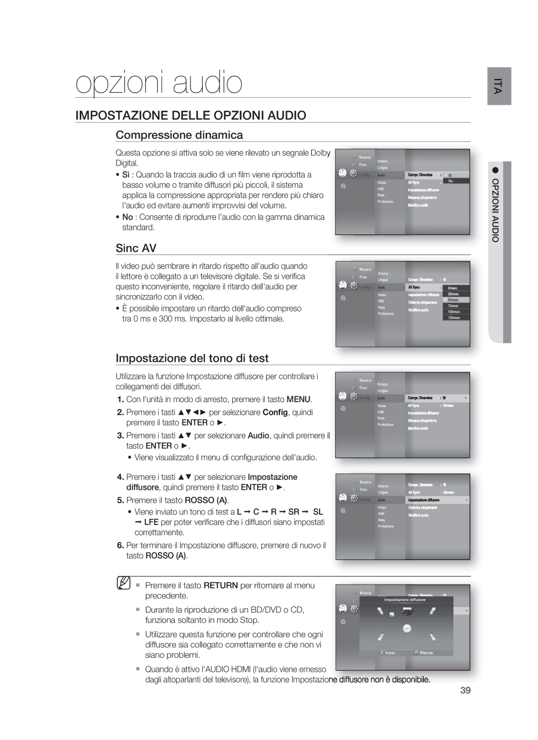 Samsung HT-BD1255R/XET, HT-BD1250R/XET Opzioni audio, Impostazione Delle Opzioni Audio, Compressione dinamica, Sinc AV 