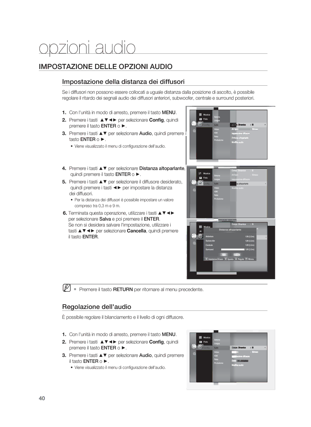 Samsung HT-BD1250R/XET, HT-BD1255R/XET manual Impostazione della distanza dei diffusori, Regolazione dellaudio 