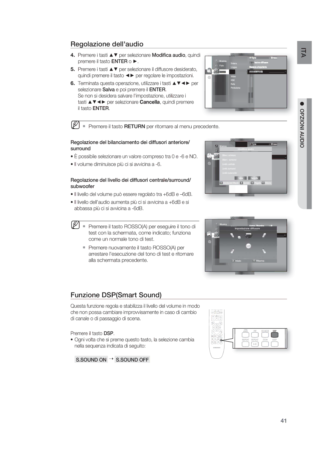 Samsung HT-BD1255R/XET manual Funzione DSPSmart Sound, Selezionare Salva e poi premere il Enter, Sound on S.SOUND OFF 