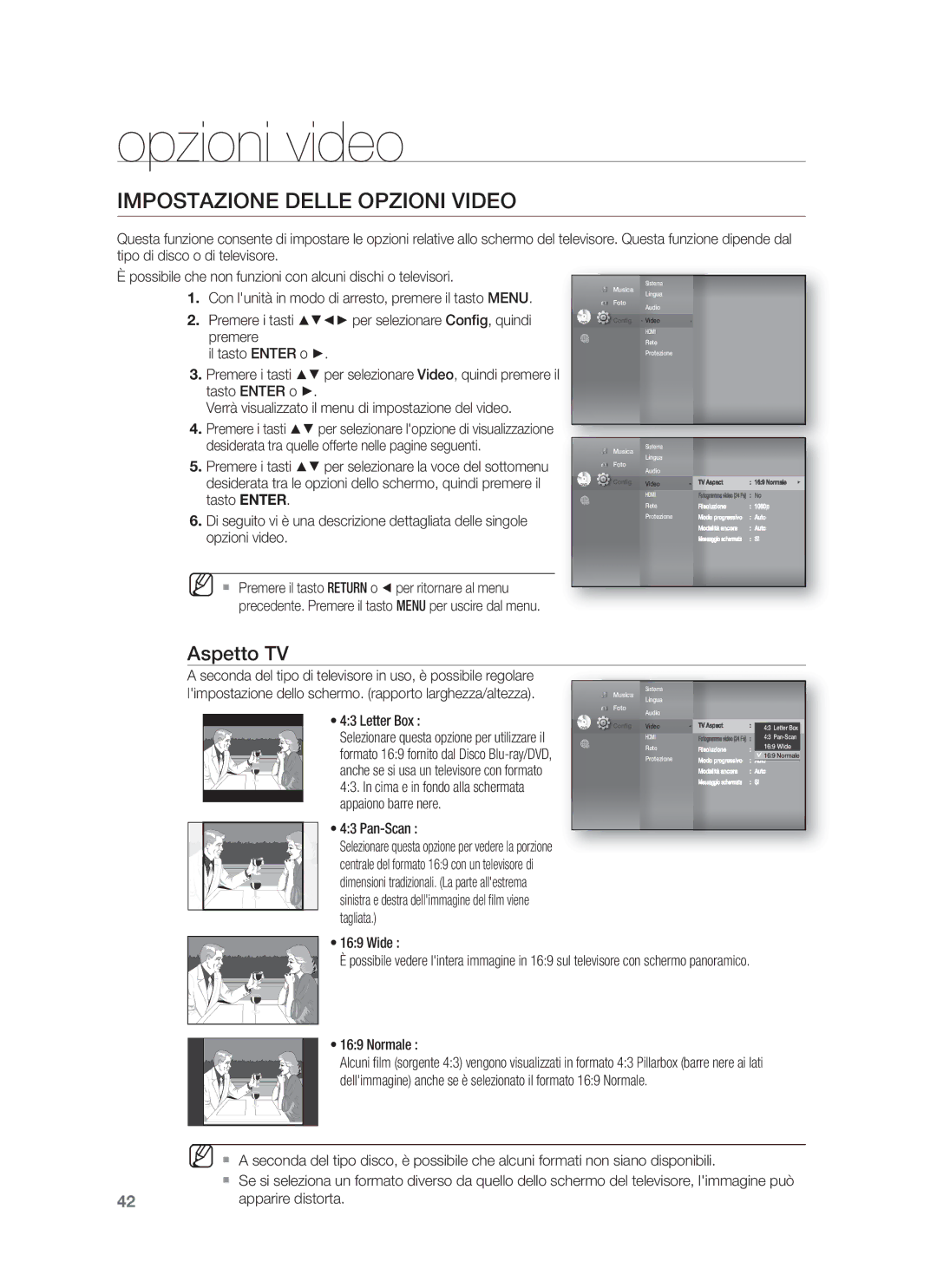 Samsung HT-BD1250R/XET, HT-BD1255R/XET manual Opzioni video, Impostazione Delle Opzioni Video, Aspetto TV 