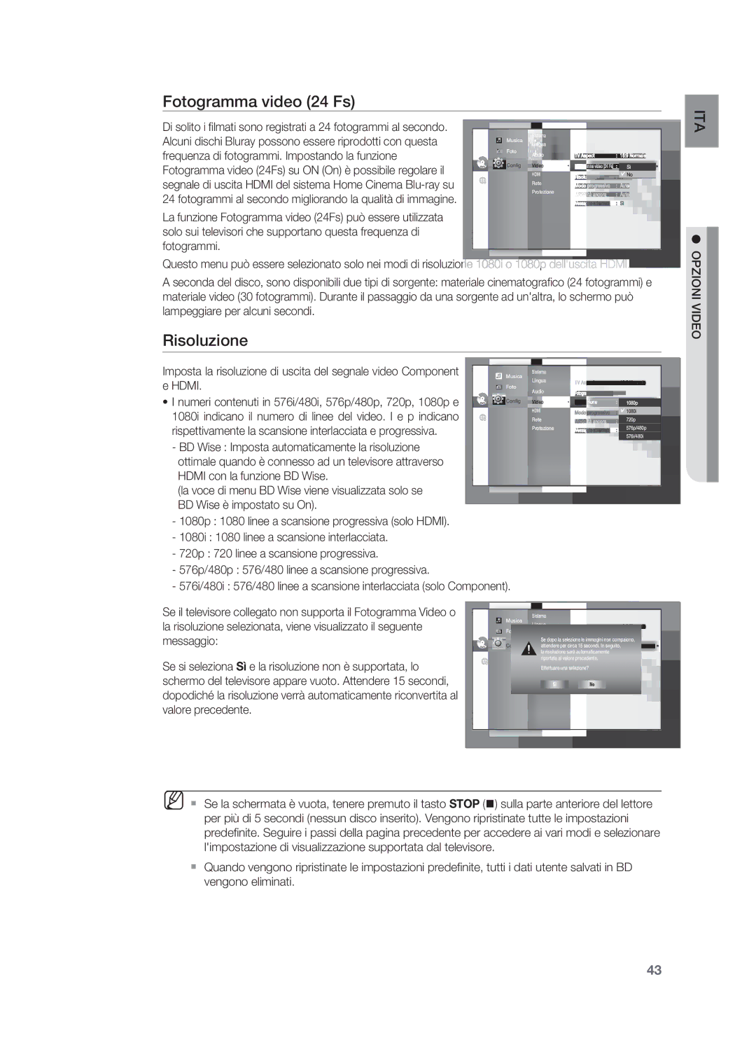 Samsung HT-BD1255R/XET, HT-BD1250R/XET manual Fotogramma video 24 Fs, Risoluzione, Opzioni Video 